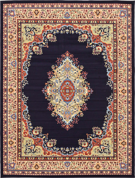 Navy Blue 9' x 12' Reza Rectangle Area Rug 100% Polypropylene Easy Clean Traditional Motif Classic Carpet for Home Interiors for Sale at Rug Engine