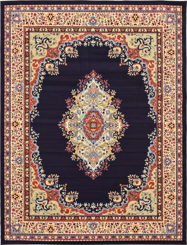 Navy Blue 9' x 12' Reza Rectangle Area Rug 100% Polypropylene Easy Clean Traditional Motif Classic Carpet for Home Interiors for Sale at Rug Engine