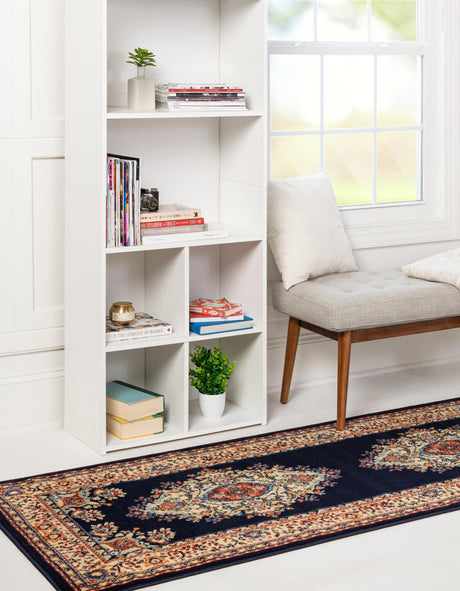 Navy Blue 2' 7 x 10' Reza Runner Area Rug 100% Polypropylene Easy Clean Traditional Motif Classic Carpet for Home Interiors for Sale at Rug Engine