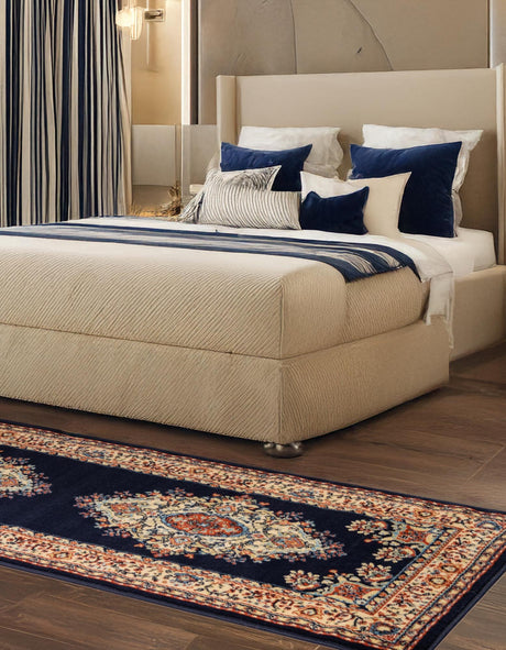 Navy Blue 3' 1 x 16' 5 Reza Runner Area Rug 100% Polypropylene Easy Clean Traditional Motif Classic Carpet for Home Interiors for Sale at Rug Engine