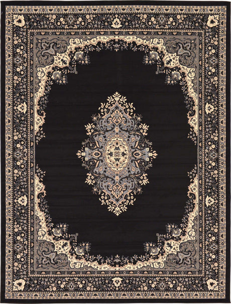 Black 10' x 13' 1 Reza Rectangle Area Rug 100% Polypropylene Easy Clean Traditional Motif Classic Carpet for Home Interiors for Sale at Rug Engine