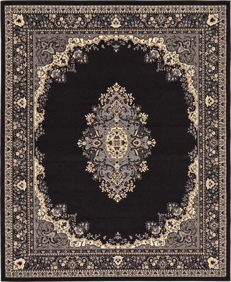 Black 7' 10 x 10' Reza Rectangle Area Rug 100% Polypropylene Easy Clean Traditional Motif Classic Carpet for Home Interiors for Sale at Rug Engine