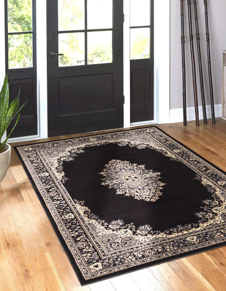 Black 10' x 14' 1 Reza Rectangle Area Rug 100% Polypropylene Easy Clean Traditional Motif Classic Carpet for Home Interiors for Sale at Rug Engine