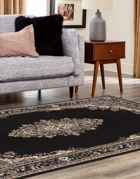 Black 7' 1 x 10' Reza Rectangle Area Rug 100% Polypropylene Easy Clean Traditional Motif Classic Carpet for Home Interiors for Sale at Rug Engine