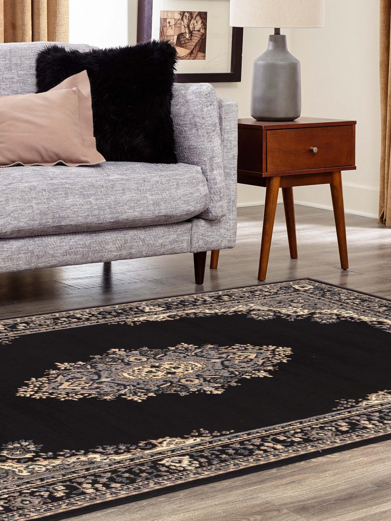 Black 4' 1 x 6' 1 Reza Rectangle Area Rug 100% Polypropylene Easy Clean Traditional Motif Classic Carpet for Home Interiors for Sale at Rug Engine