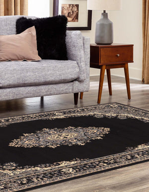 Black 4' 1 x 6' 1 Reza Rectangle Area Rug 100% Polypropylene Easy Clean Traditional Motif Classic Carpet for Home Interiors for Sale at Rug Engine