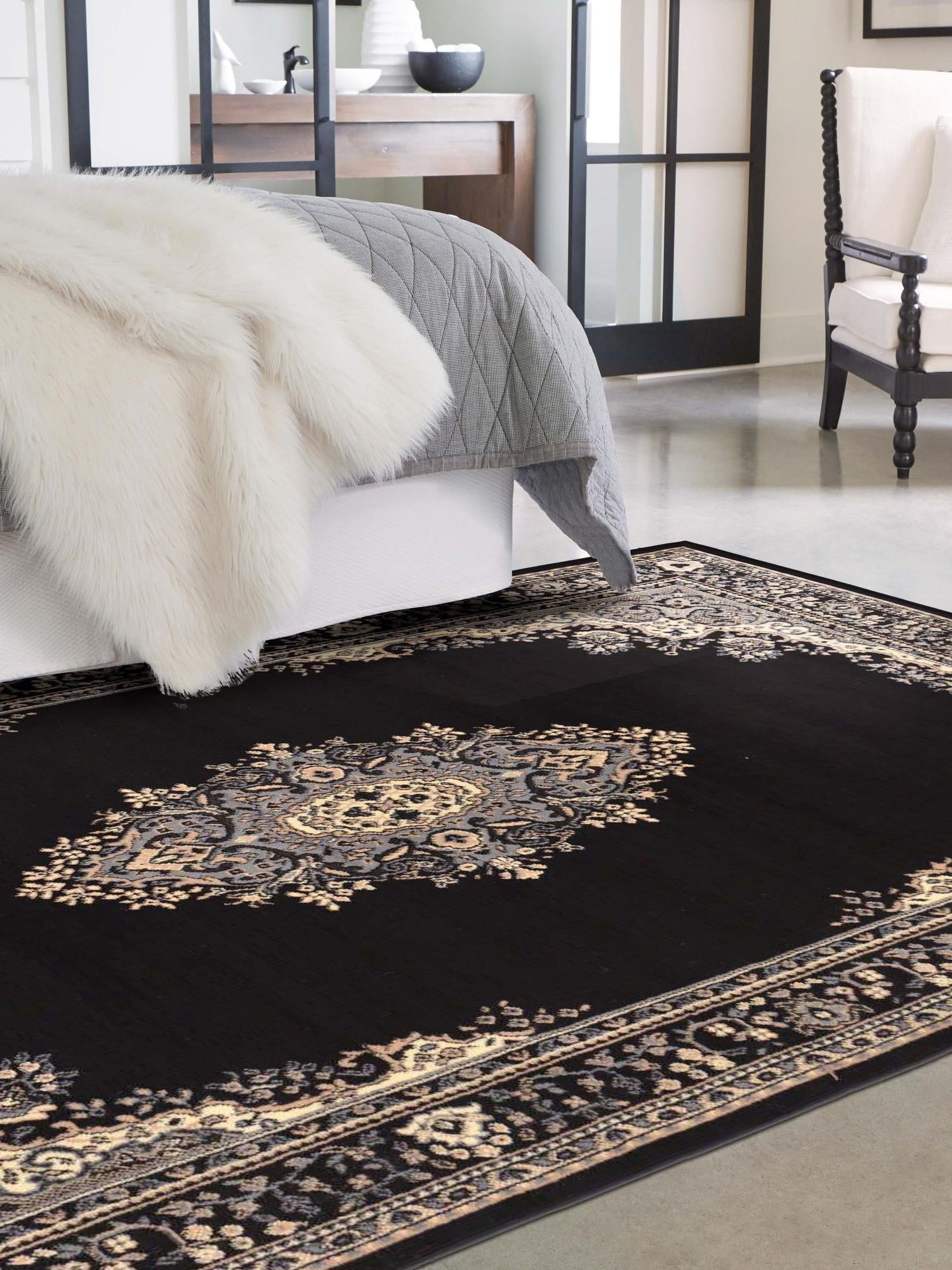 Black 4' 1 x 6' 1 Reza Rectangle Area Rug 100% Polypropylene Easy Clean Traditional Motif Classic Carpet for Home Interiors for Sale at Rug Engine