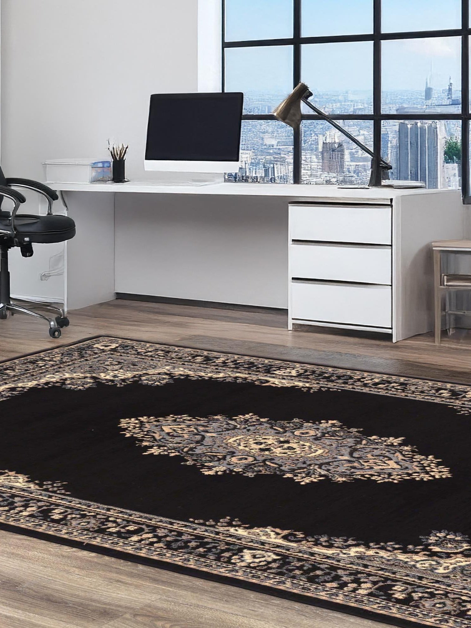 Black 4' 1 x 6' 1 Reza Rectangle Area Rug 100% Polypropylene Easy Clean Traditional Motif Classic Carpet for Home Interiors for Sale at Rug Engine