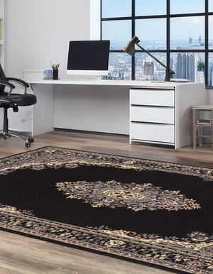 Black 4' 1 x 6' 1 Reza Rectangle Area Rug 100% Polypropylene Easy Clean Traditional Motif Classic Carpet for Home Interiors for Sale at Rug Engine
