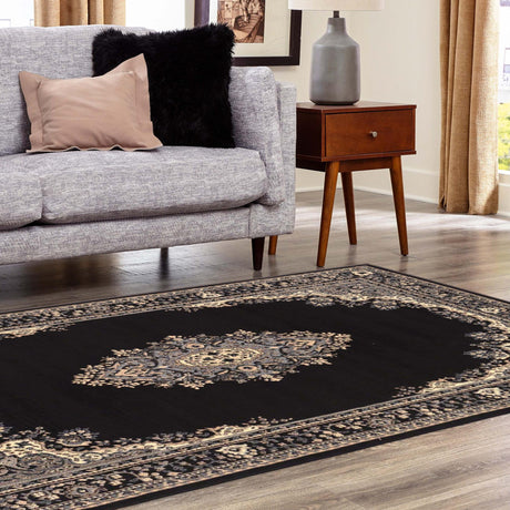 Black 7' 10 x 11' Reza Rectangle Area Rug 100% Polypropylene Easy Clean Traditional Motif Classic Carpet for Home Interiors for Sale at Rug Engine
