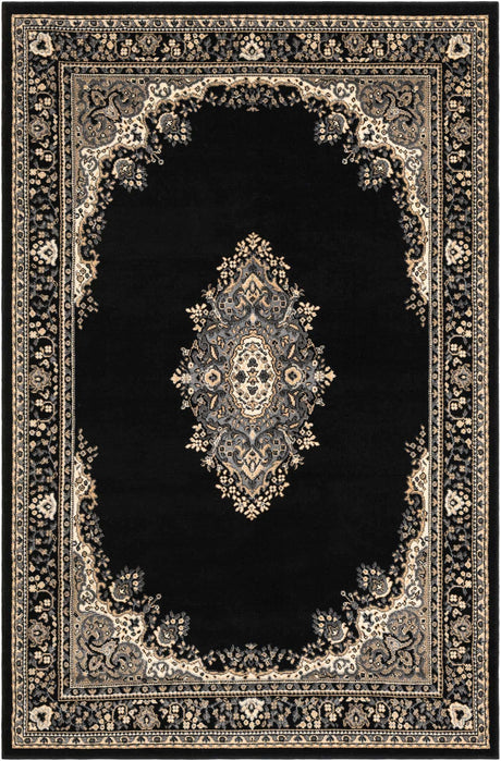 Black 5' 3 x 8' Reza Rectangle Area Rug 100% Polypropylene Easy Clean Traditional Motif Classic Carpet for Home Interiors for Sale at Rug Engine