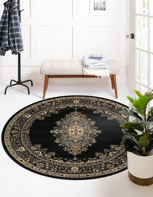Black 6' 1 x 6' 1 Reza Round Area Rug 100% Polypropylene Easy Clean Traditional Motif Classic Carpet for Home Interiors for Sale at Rug Engine