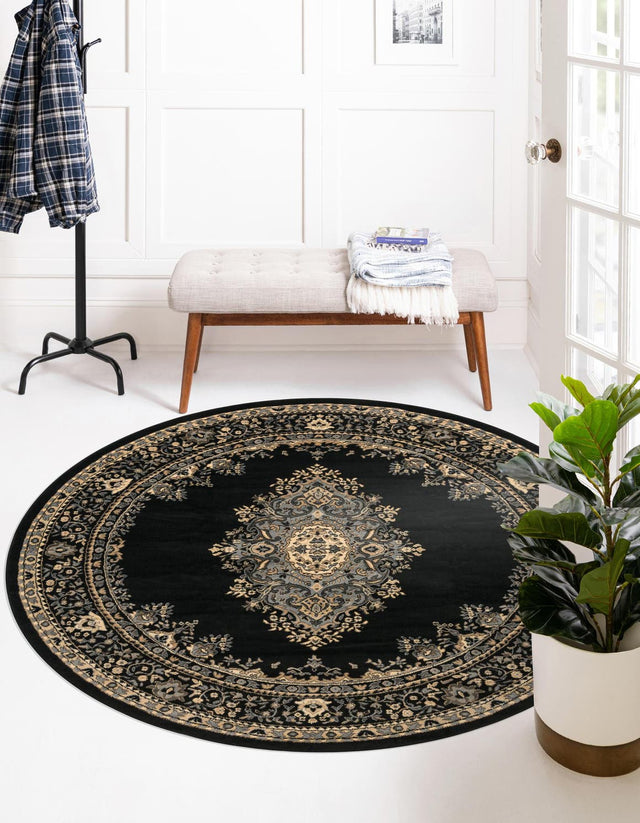 Black 6' 1 x 6' 1 Reza Round Area Rug 100% Polypropylene Easy Clean Traditional Motif Classic Carpet for Home Interiors for Sale at Rug Engine