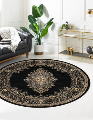 Black 6' 1 x 6' 1 Reza Round Area Rug 100% Polypropylene Easy Clean Traditional Motif Classic Carpet for Home Interiors for Sale at Rug Engine