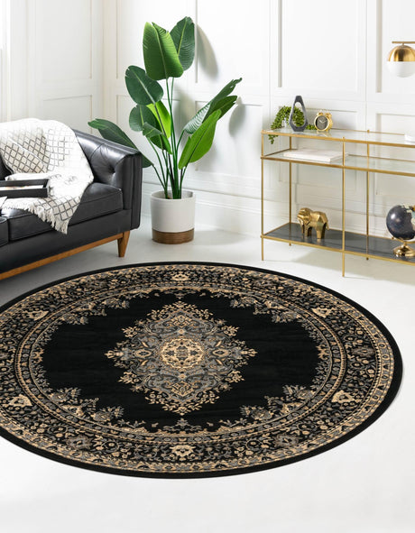 Black 7' 1 x 7' 1 Reza Round Area Rug 100% Polypropylene Easy Clean Traditional Motif Classic Carpet for Home Interiors for Sale at Rug Engine