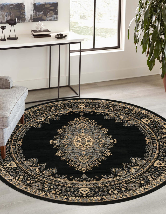 Black 6' 1 x 6' 1 Reza Round Area Rug 100% Polypropylene Easy Clean Traditional Motif Classic Carpet for Home Interiors for Sale at Rug Engine