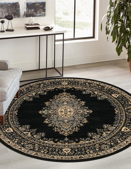 Black 4' 1 x 4' 1 Reza Round Area Rug 100% Polypropylene Easy Clean Traditional Motif Classic Carpet for Home Interiors for Sale at Rug Engine