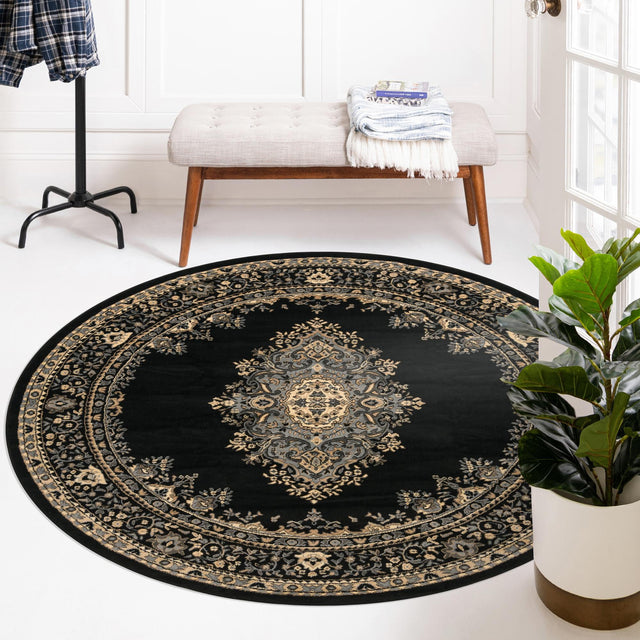 Black 6' 1 x 6' 1 Reza Round Area Rug 100% Polypropylene Easy Clean Traditional Motif Classic Carpet for Home Interiors for Sale at Rug Engine