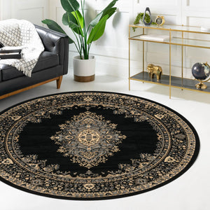 Black 6' 1 x 6' 1 Reza Round Area Rug 100% Polypropylene Easy Clean Traditional Motif Classic Carpet for Home Interiors for Sale at Rug Engine
