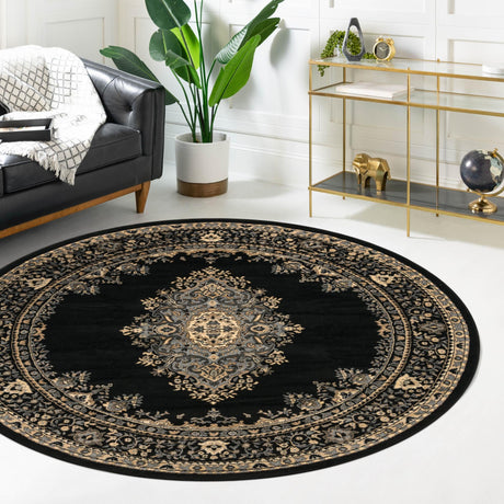 Black 6' 1 x 6' 1 Reza Round Area Rug 100% Polypropylene Easy Clean Traditional Motif Classic Carpet for Home Interiors for Sale at Rug Engine