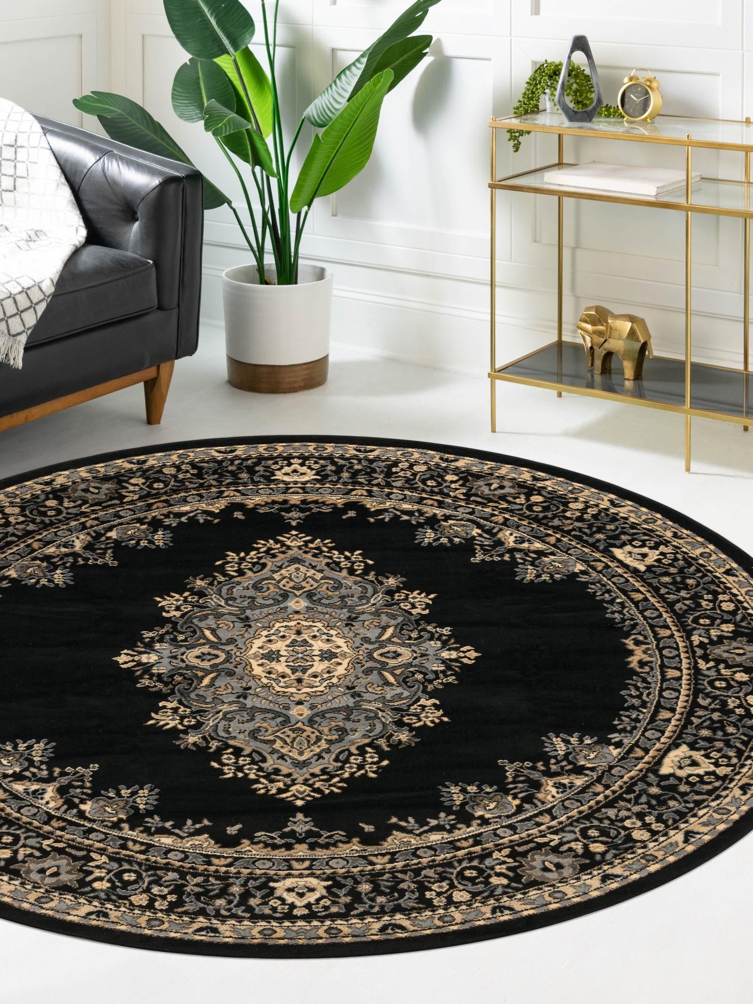 Black 5' 3 x 5' 3 Reza Round Area Rug 100% Polypropylene Easy Clean Traditional Motif Classic Carpet for Home Interiors for Sale at Rug Engine