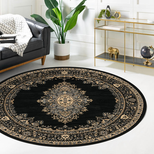 Black 5' 3 x 5' 3 Reza Round Area Rug 100% Polypropylene Easy Clean Traditional Motif Classic Carpet for Home Interiors for Sale at Rug Engine