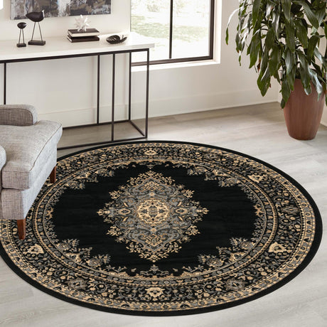 Black 6' 1 x 6' 1 Reza Round Area Rug 100% Polypropylene Easy Clean Traditional Motif Classic Carpet for Home Interiors for Sale at Rug Engine