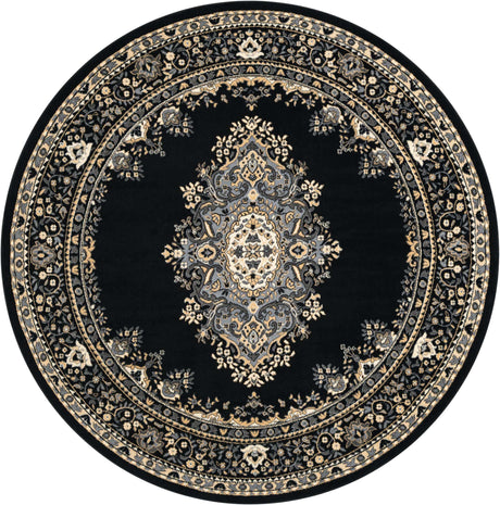 Black 7' 10 x 7' 10 Reza Round Area Rug 100% Polypropylene Easy Clean Traditional Motif Classic Carpet for Home Interiors for Sale at Rug Engine