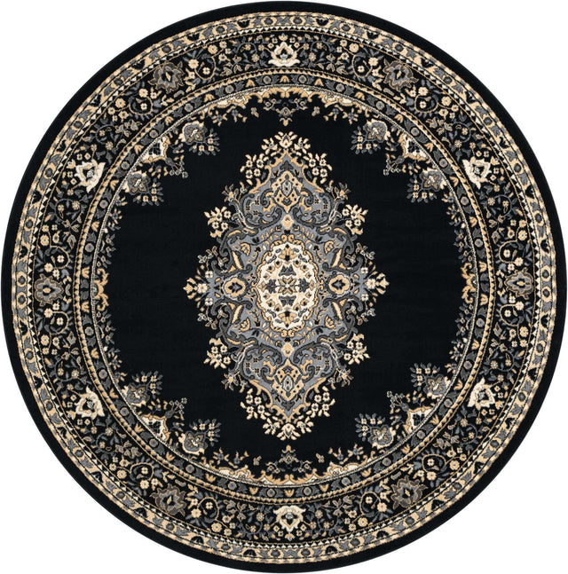 Black 7' 10 x 7' 10 Reza Round Area Rug 100% Polypropylene Easy Clean Traditional Motif Classic Carpet for Home Interiors for Sale at Rug Engine