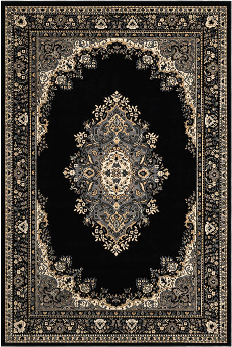 Black 6' 1 x 9' Reza Rectangle Area Rug 100% Polypropylene Easy Clean Traditional Motif Classic Carpet for Home Interiors for Sale at Rug Engine