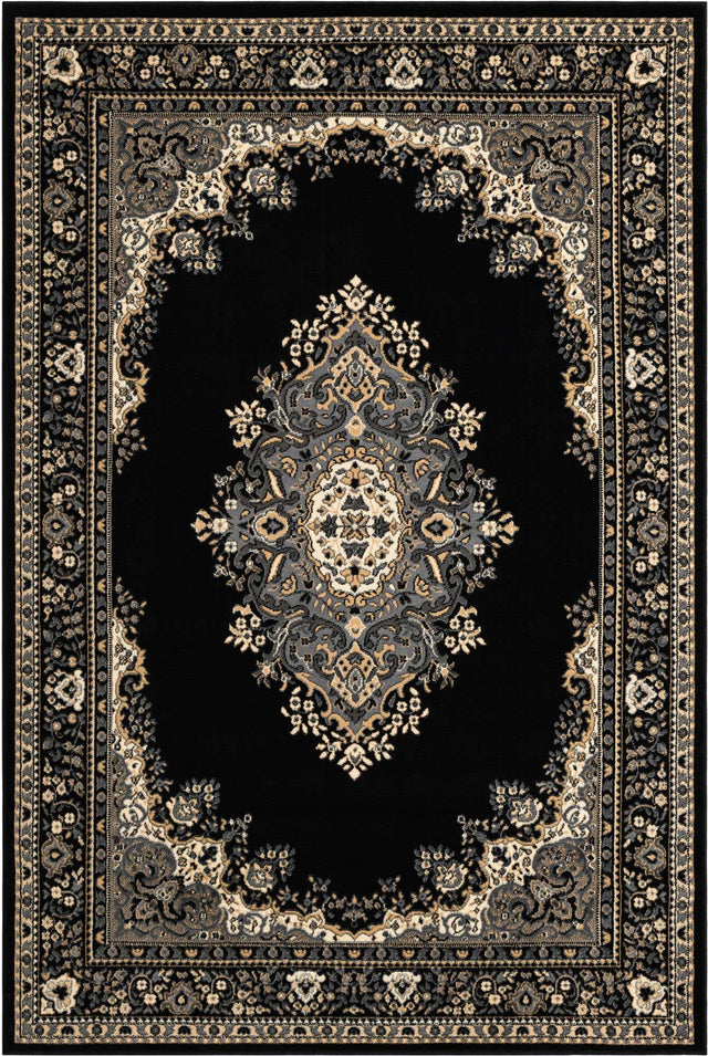Black 6' 1 x 9' Reza Rectangle Area Rug 100% Polypropylene Easy Clean Traditional Motif Classic Carpet for Home Interiors for Sale at Rug Engine