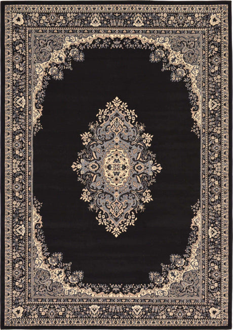 Black 7' 1 x 10' Reza Rectangle Area Rug 100% Polypropylene Easy Clean Traditional Motif Classic Carpet for Home Interiors for Sale at Rug Engine