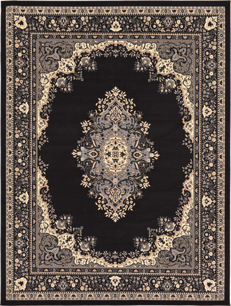 Black 9' x 12' Reza Rectangle Area Rug 100% Polypropylene Easy Clean Traditional Motif Classic Carpet for Home Interiors for Sale at Rug Engine