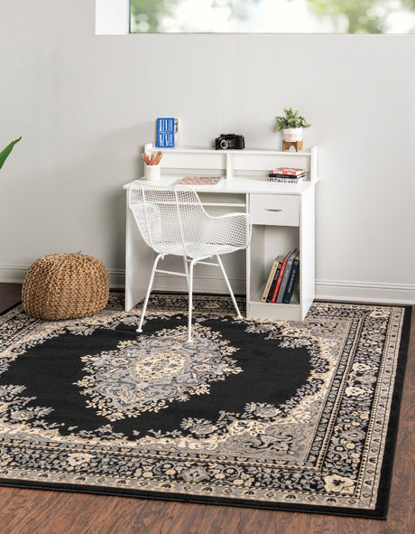 Black 7' 10 x 7' 10 Reza Square Area Rug 100% Polypropylene Easy Clean Traditional Motif Classic Carpet for Home Interiors for Sale at Rug Engine