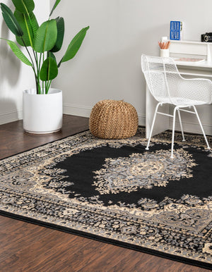 Black 7' 10 x 7' 10 Reza Square Area Rug 100% Polypropylene Easy Clean Traditional Motif Classic Carpet for Home Interiors for Sale at Rug Engine