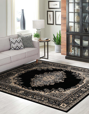 Black 7' 10 x 7' 10 Reza Square Area Rug 100% Polypropylene Easy Clean Traditional Motif Classic Carpet for Home Interiors for Sale at Rug Engine