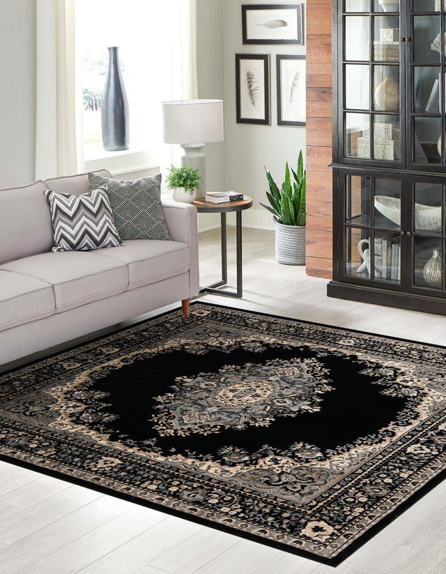 Black 7' 10 x 7' 10 Reza Square Area Rug 100% Polypropylene Easy Clean Traditional Motif Classic Carpet for Home Interiors for Sale at Rug Engine