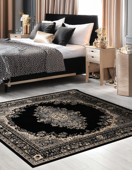 Black 7' 10 x 7' 10 Reza Square Area Rug 100% Polypropylene Easy Clean Traditional Motif Classic Carpet for Home Interiors for Sale at Rug Engine