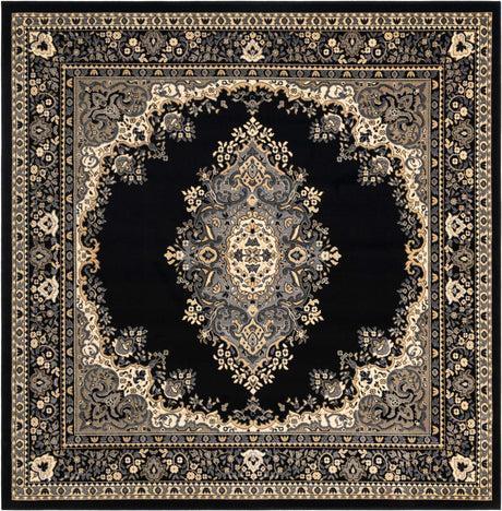 Black 7' 10 x 7' 10 Reza Square Area Rug 100% Polypropylene Easy Clean Traditional Motif Classic Carpet for Home Interiors for Sale at Rug Engine
