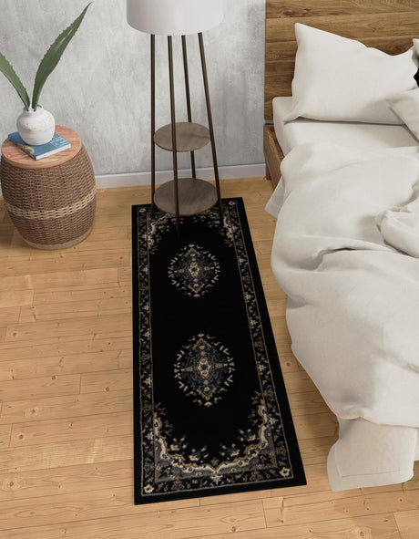Black 2' x 6' 1 Reza Runner Area Rug 100% Polypropylene Easy Clean Traditional Motif Classic Carpet for Home Interiors for Sale at Rug Engine