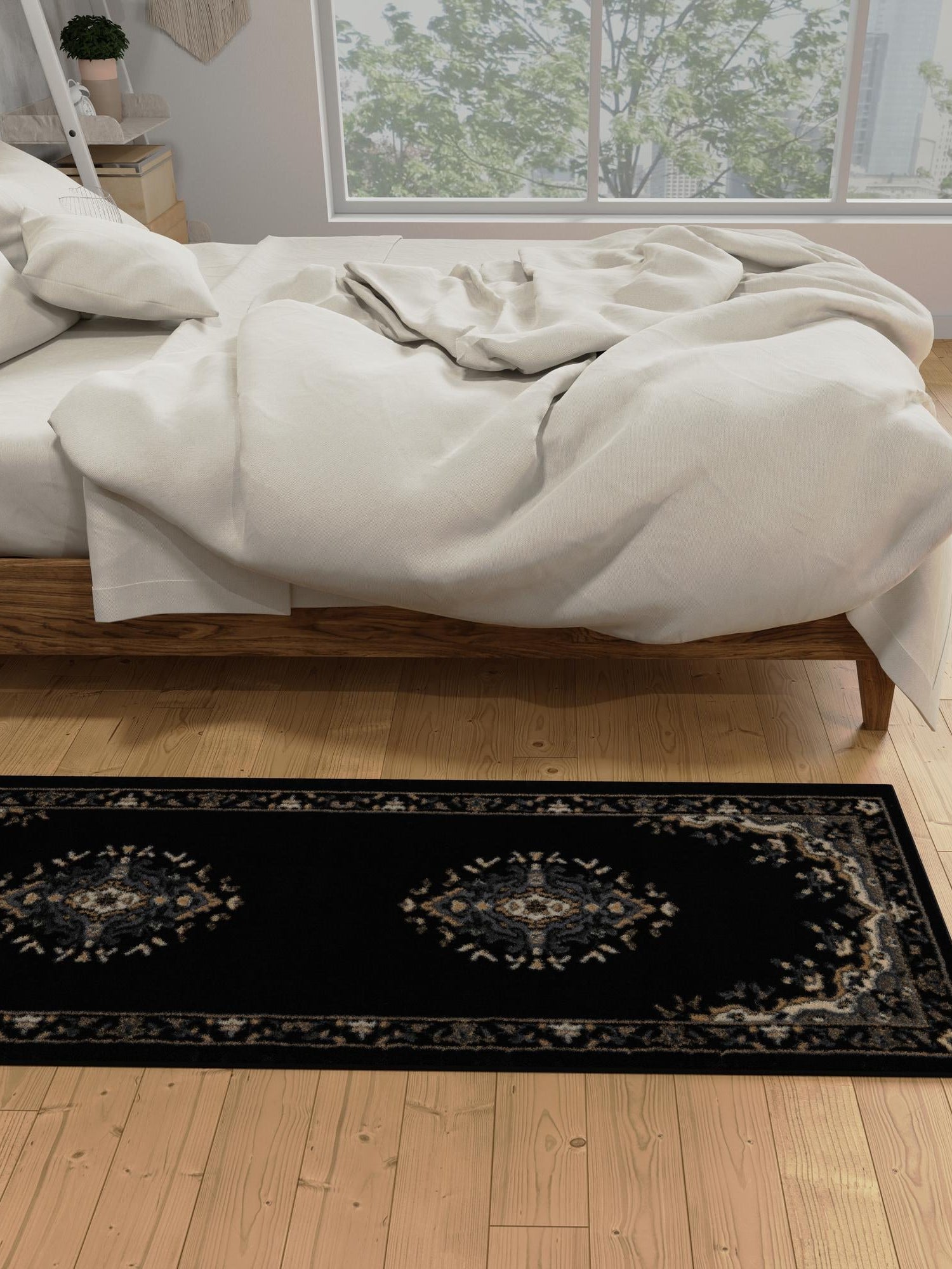 Black 3' 1 x 16' 5 Reza Runner Area Rug 100% Polypropylene Easy Clean Traditional Motif Classic Carpet for Home Interiors for Sale at Rug Engine