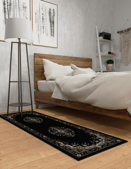 Black 2' 7 x 12' Reza Runner Area Rug 100% Polypropylene Easy Clean Traditional Motif Classic Carpet for Home Interiors for Sale at Rug Engine