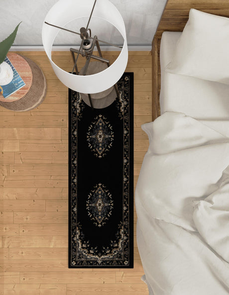 Black 2' 7 x 10' Reza Runner Area Rug 100% Polypropylene Easy Clean Traditional Motif Classic Carpet for Home Interiors for Sale at Rug Engine