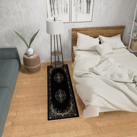 Black 2' x 6' 1 Reza Runner Area Rug 100% Polypropylene Easy Clean Traditional Motif Classic Carpet for Home Interiors for Sale at Rug Engine