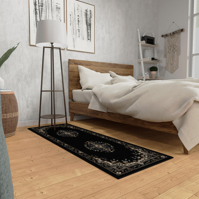 Black 2' x 6' 1 Reza Runner Area Rug 100% Polypropylene Easy Clean Traditional Motif Classic Carpet for Home Interiors for Sale at Rug Engine