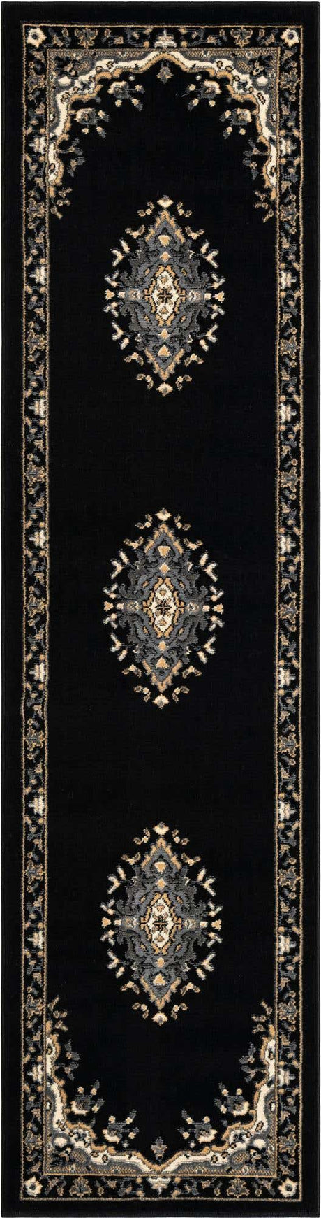 Black 2' x 8' 2 Reza Runner Area Rug 100% Polypropylene Easy Clean Traditional Motif Classic Carpet for Home Interiors for Sale at Rug Engine