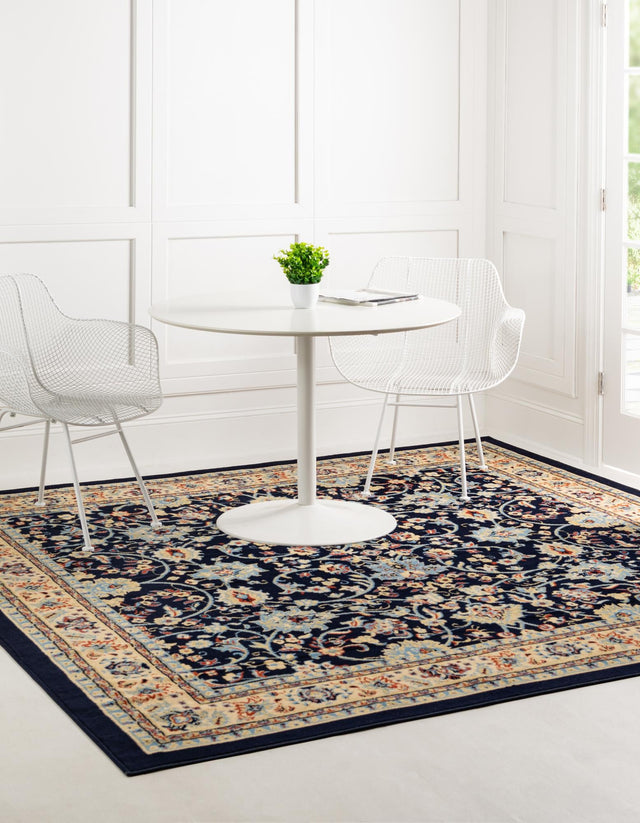 Navy Blue 7' 10 x 7' 10 Sialk Hill Square Area Rug 100% Polypropylene Durable Easy Clean Classic Traditional Design Carpet for Interior Design for Sale at Rug Engine