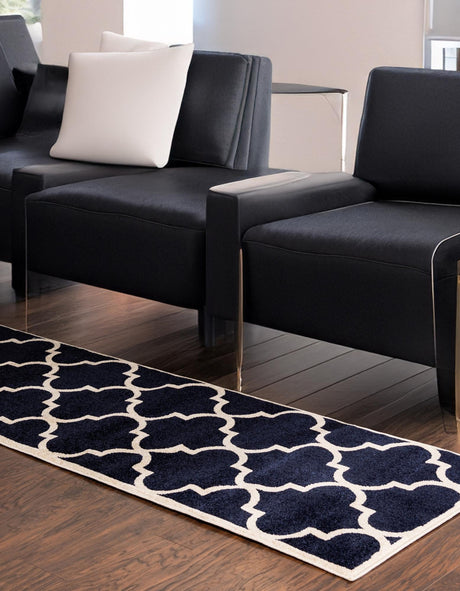 Navy Blue 2' 7 x 10' Trellis Runner Area Rug Geometric Modern Unique Durable Easy Clean Carpet for Contemporary Interior Design for Sale at Rug Engine