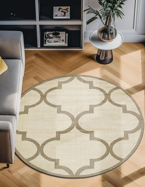 Beige and Light Brown 8' x 8' Trellis Round Area Rug
