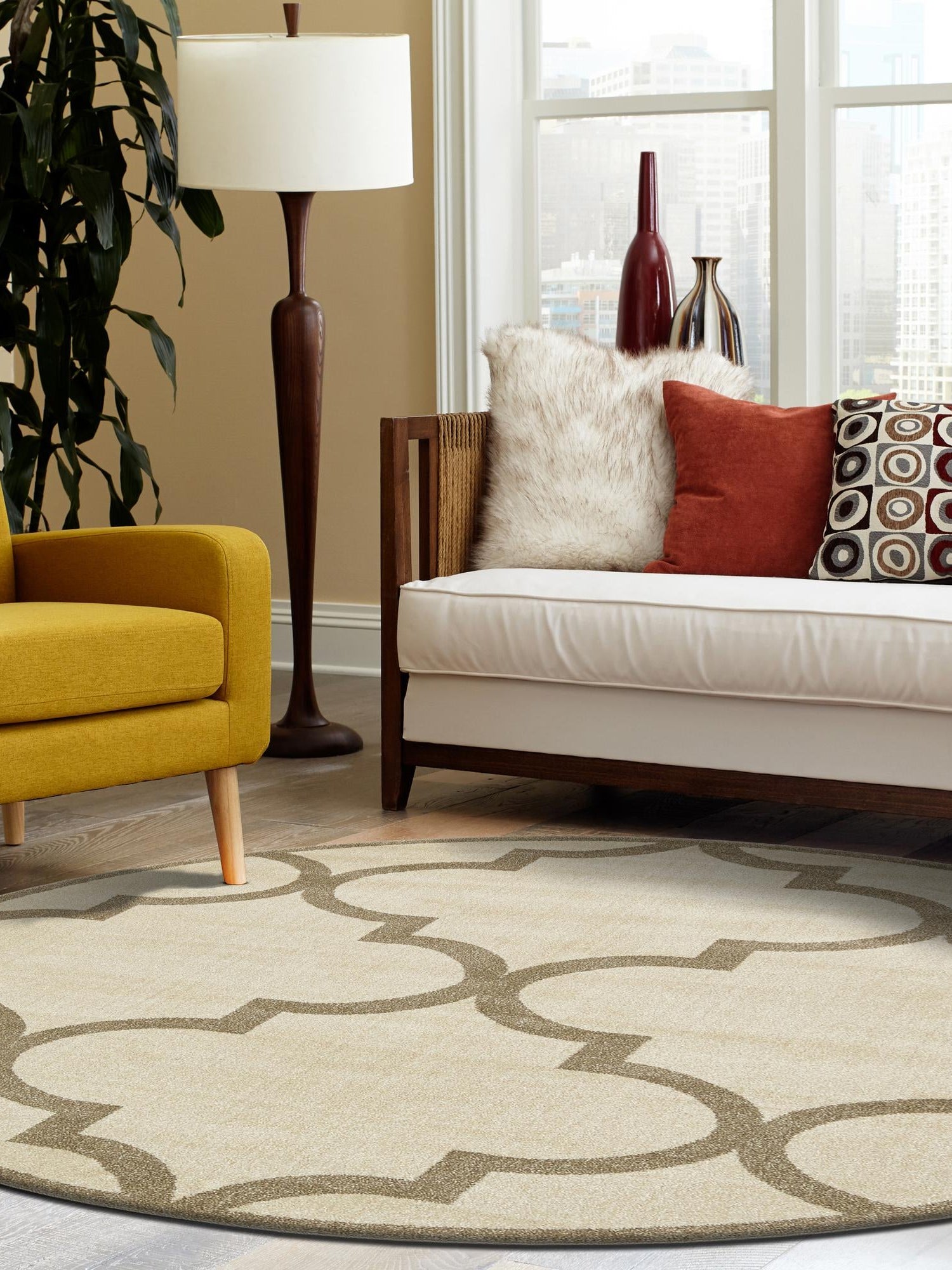 Beige and Light Brown 8' x 8' Trellis Round Area Rug